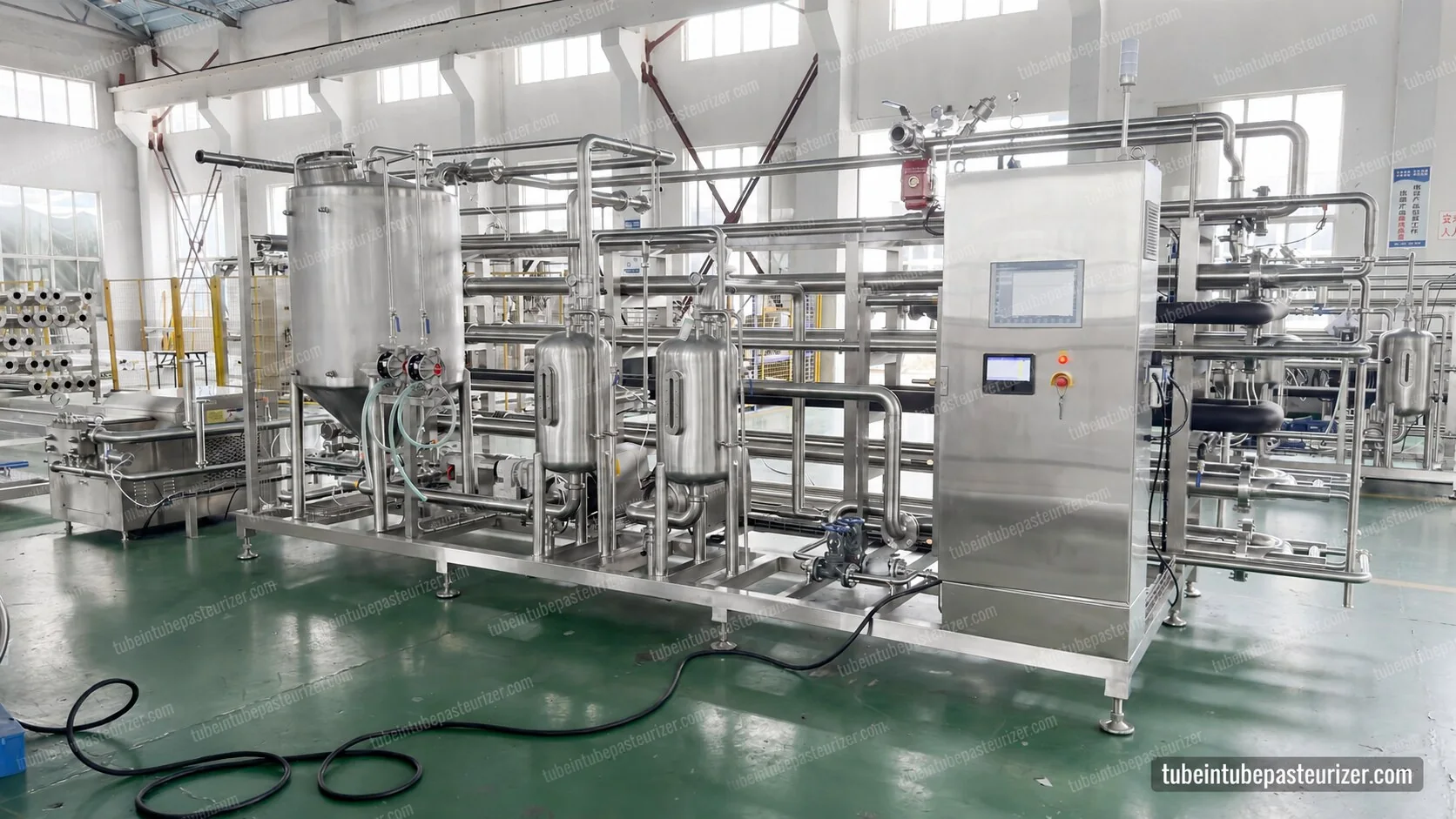Control cabinet next to vessel and tube-bank equipment in a workshop