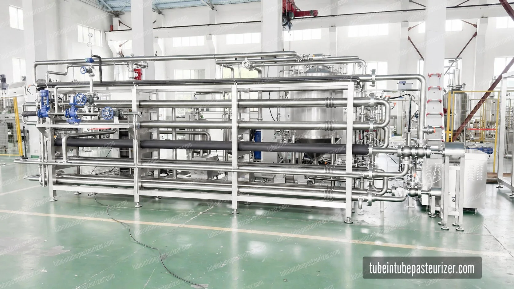Long horizontal stainless tube-in-tube assembly with return bends, valves and controls in a workshop