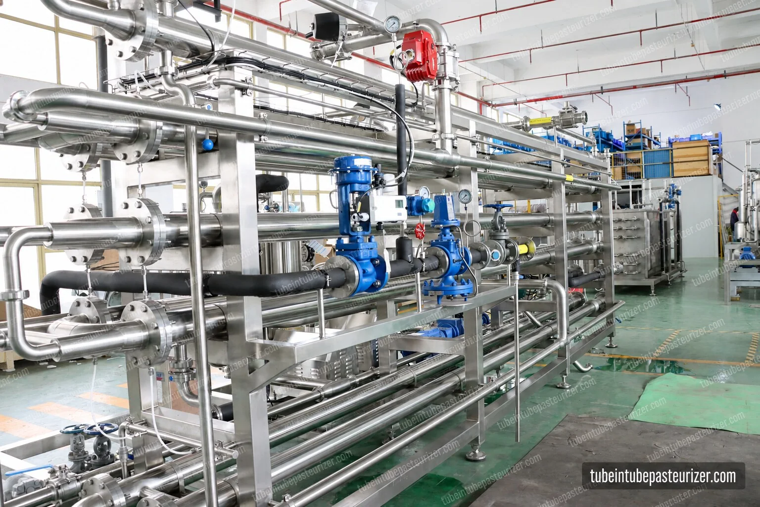 Tube-bank returns, flanges, gauges and valves on a stainless frame